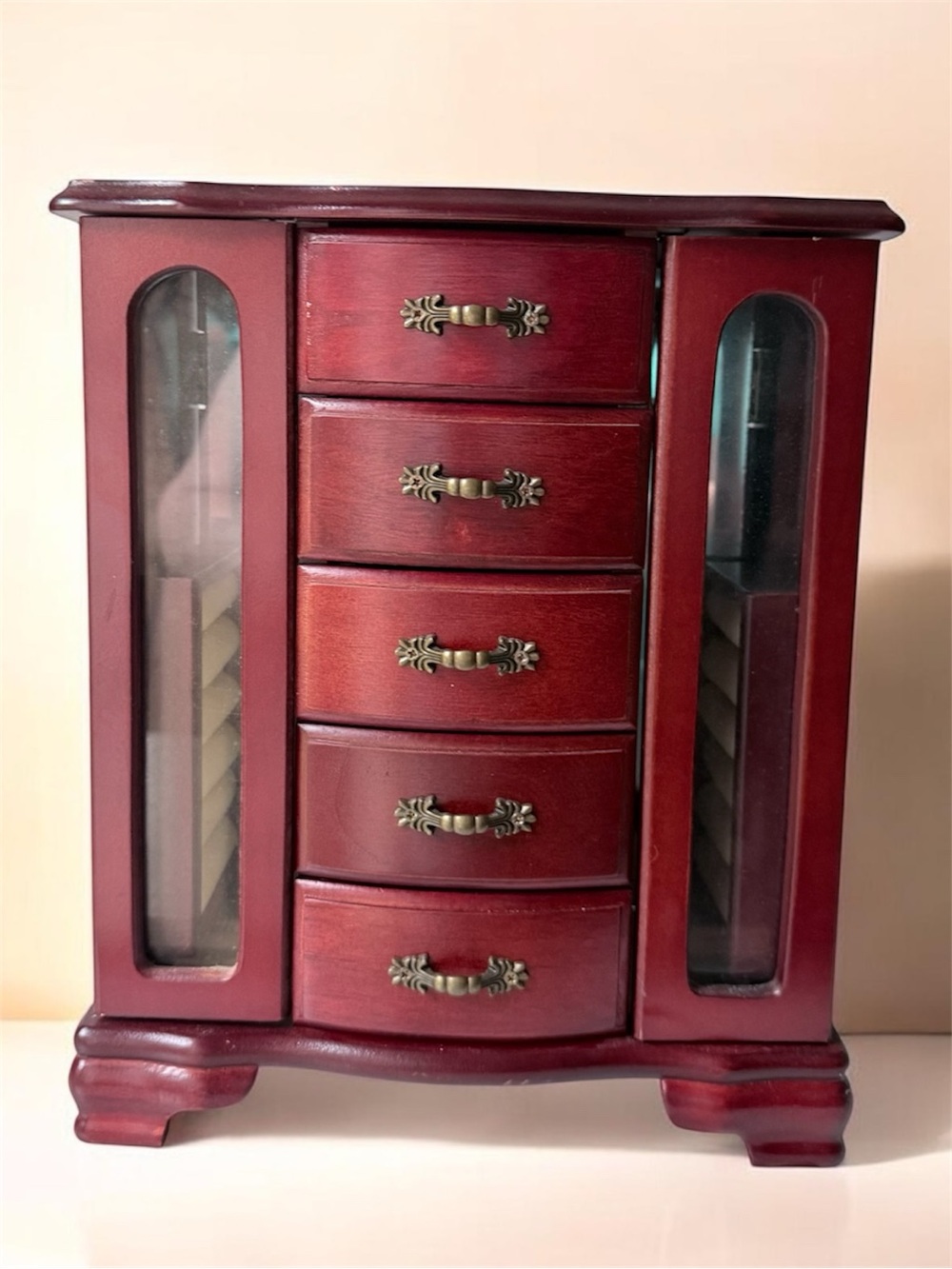 Wooden Jewelry Armoire Chest in Deep Red - Classic Storage Organizer